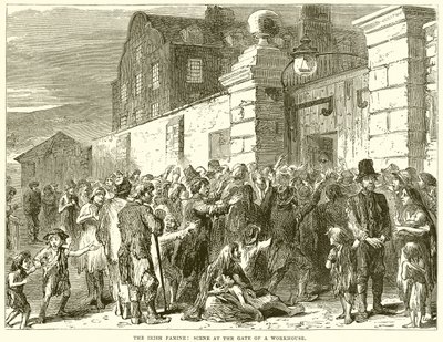 The Irish Famine: Scene ved porten til et arbeidshus av English School