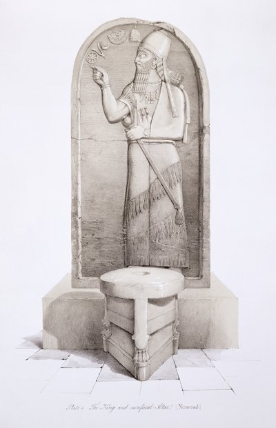 Kongen og offeralteret, Nimrud, plate 4 fra Nineveh and its Remains av Austen Henry Layard (1817-94) utgitt 1849 av English School