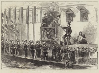 Kongen av Hellas mottatt av prinsen av Wales om bord på HMS Serapis (gravering) av English School