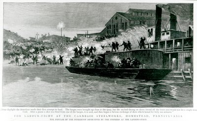 The Labour-Fight at the Carnegie Steelworks, Homestead, Pennsylvania, fra 'The Graphic', 30. juli 1892 (litho) av English School