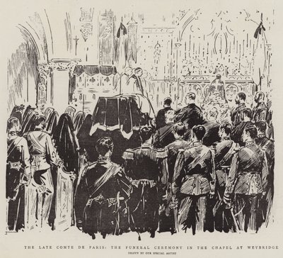 The Late Comte de Paris, begravelsesseremonien i kapellet ved Weybridge (litho) av English School