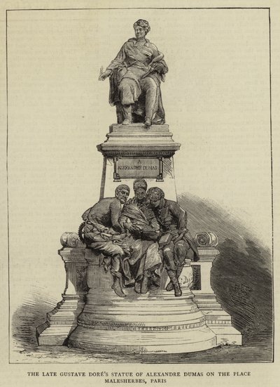 Den avdøde Gustave Dores statue av Alexandre Dumas på Place Malesherbes, Paris (gravering) av English School
