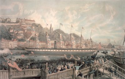 Lanseringen av dampskipet "The Great Britain" i nærvær av H.R.H. Prins Albert (farge litho) av English School