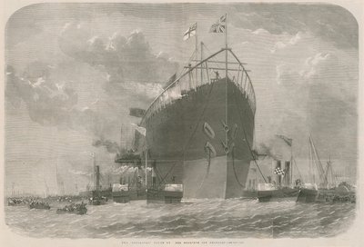 Leviathan tauet til fortøyningene hennes utenfor Deptford av English School