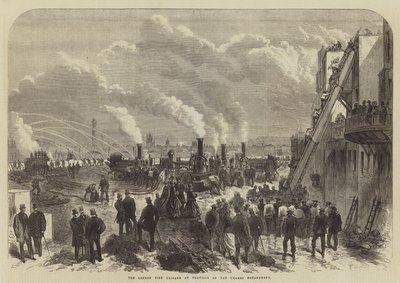 London Fire Brigade at Practice on Thames Embankment (gravering) av English School