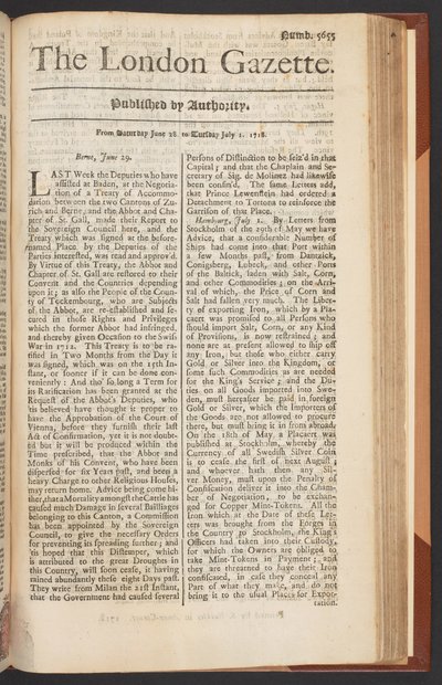 The London Gazette, utgave 5655, side 1, 28. juni 1718 (trykk) av English School