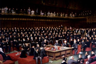 Lord Chancellor er i ferd med å sette spørsmålet inn i debatten om hjemmestyre i House of Lords, 1893 av English School