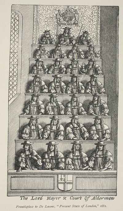Lord Mayor and Court of Aldermen, frontispice fra De Launes Angliae Metropolis, 1681 av English School