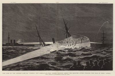 Tapet av ankerlinjen SS "Utopia" utenfor Gibraltar, fartøyet sank rundt ti minutter etter å ha tilgriset Ramen til HMS "Anson" (gravering) av English School