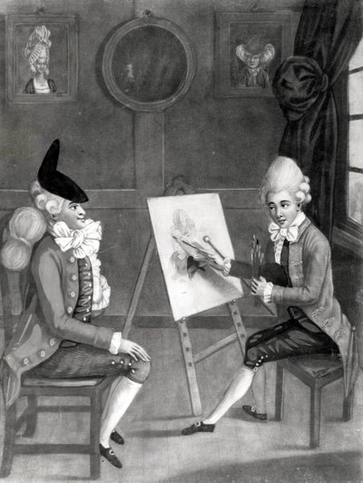 Makaronimaleren, eller Billy Dimple som passer til bildet hans, utgitt av Bowles og Carver, 1772 (mezzotint) av English School