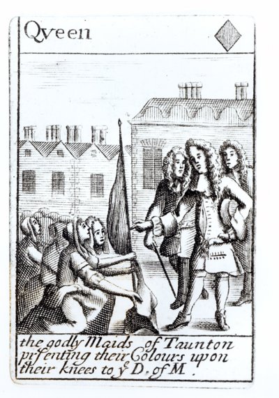 The Maids of Taunton knelende foran hertugen av Monmouth, 18. juni 1685, Queen of Diamonds spillekort fra et sett til minne om Monmouths opprør av English School
