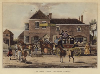 The Mail Coach Changing Horses (farget gravering) av English School