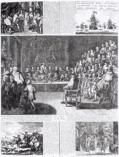 Ekteskapet, krigene, lidelsene og døden til den kongelige martyren, kong Charles den første, trykt av Henry Overton og J. Hoole (gravering) (bundw-foto) av English School