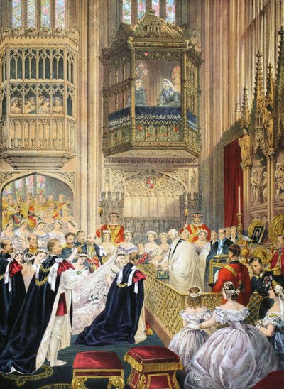 The Marriage at St Georges Chapel, Windsor, fra A Memorial of the Marriage of Edward VII and Alexandra of Denmark, pub. 1864 av English School