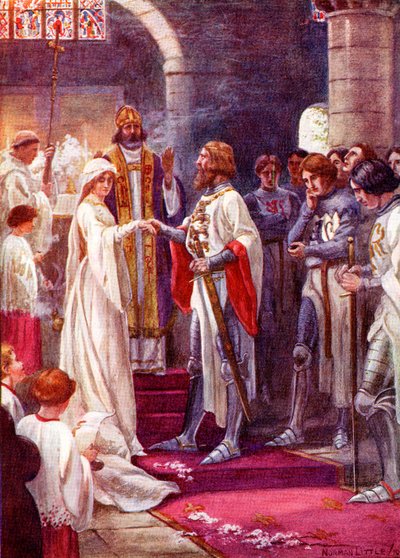 Ekteskapet til kong Arthur og Guinevere. Farget illustrasjon fra boken The Gateway to Tennyson utgitt 1910. av English School