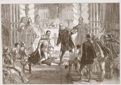 Marskalken av Polen krever eden fra hertugen av Anjou, illustrasjon fra The History of Protestantism av James Aitken Wylie (1808-1890), pub. 1878 av English School