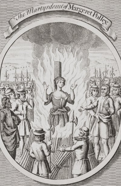 Margeret Polleys martyrium i Tunbridge, fra «Martyrenes brenning», utgitt 1741 (lito) av English School