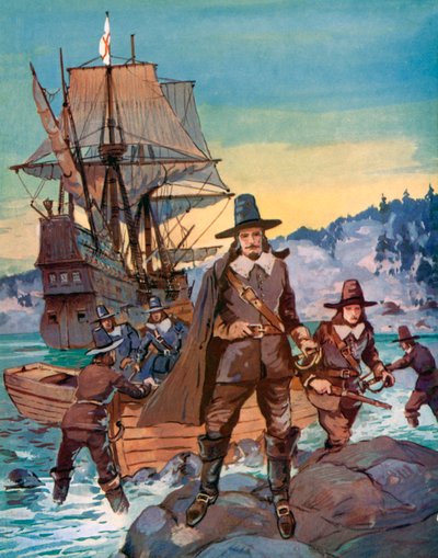 Mayflower and the Pilgrim Fathers (farge litho) av English School
