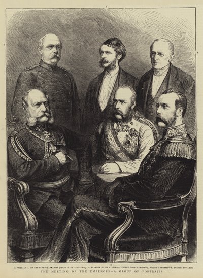 The Meeting of the Emperors, en gruppe portretter (gravering) av English School