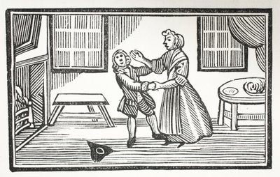 Die Methode, die Meg anwandte, um einen der Vikare zur Zahlung seiner Rechnung zu bringen, Illustration aus Chap-books des achtzehnten Jahrhunderts von John Ashton, veröffentlicht 1882 von English School