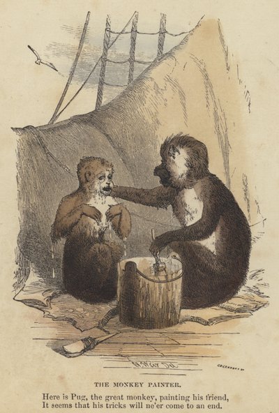 Monkey Painter (farget gravering) av English School