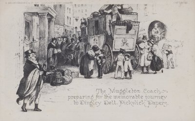 The Muggleton Coach, forbereder seg på den minneverdige reisen til Dingley Dell, Pickwick Papers (s/hv-bilde) av English School