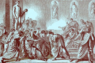 The Murder of Julius Caesar, illustrasjon fra The Illustrated History of the World, publisert ca. 1880 (digitalt forbedret bilde) av English School