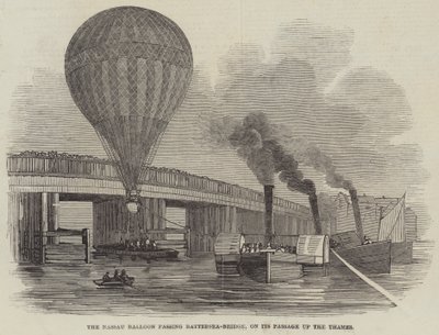 Nassau-ballongen passerer Battersea-Bridge, på sin passasje opp Themsen (gravering) av English School