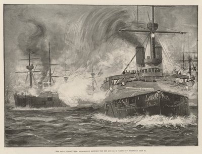 Sjømanøvrene, engasjement mellom den røde og den blå flåten utenfor Holyhead, 31. juli (litho) av English School