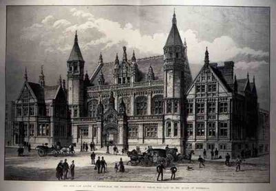 The New Law Courts i Birmingham, hvis grunnstein ble lagt av dronningen, fra The Illustrated London News, 26. mars 1887 av English School