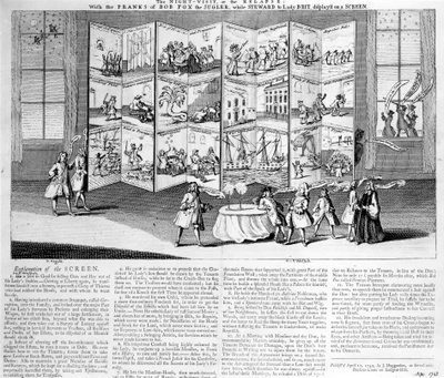 The Night Visit or the Relapse: with the pranks of Bob Fox the Juggler mens Steward to Lady Britannia, vist på en skjerm, 1742 av English School