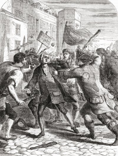 "No-Popery"-opprørerne angriper parlamentsmedlemmer i Palace Yard, Westminster, London England under Gordon-opptøyene i 1780. av English School