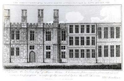 Nordfronten av herregården i Chelsea bygget av kong Henry VIII, gravert av J. Barlow, en illustrasjon i A Historical and Topographical Account of Chelsea and its Environs av Thomas Faulkner, av English School