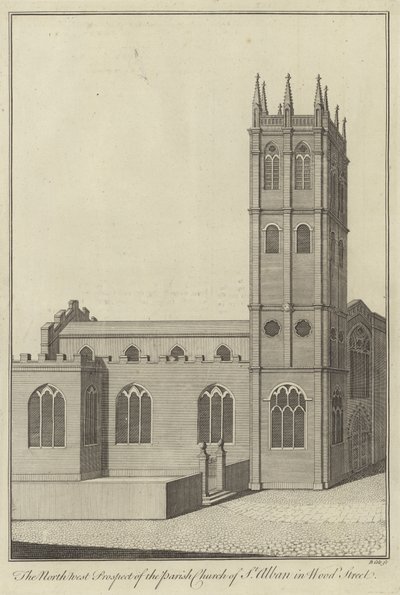 Nordvest-prospektet til Parish Church of St Alban i Wood Street, London av English School