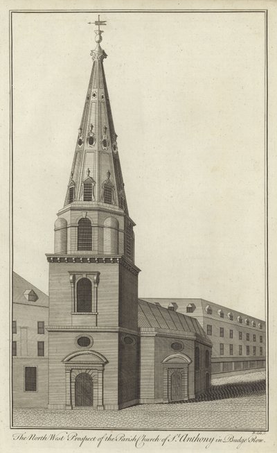 Nordvest-prospektet til Parish Church of St Anthony i Budge Row, London av English School