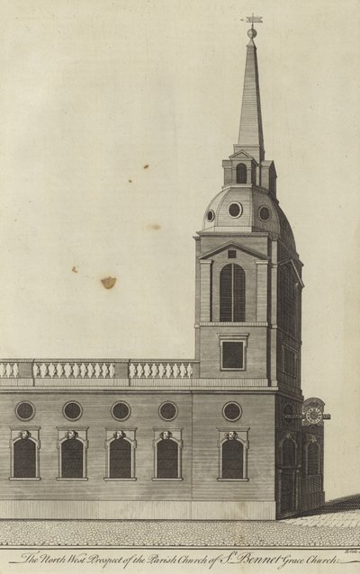Nordvest-prospektet til Parish Church of St Benet Gracechurch, London av English School