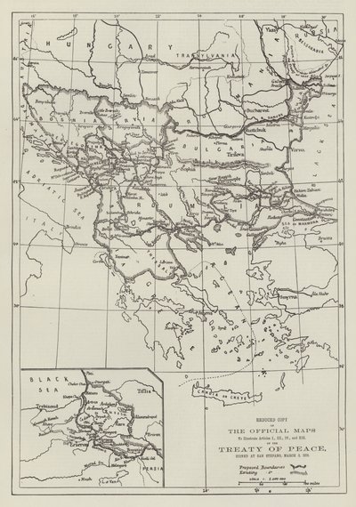 De offisielle kartene over fredstraktaten, signert i San Stefano, 3. mars 1878 (gravering) av English School