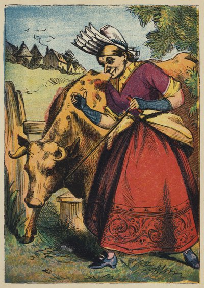 Den gamle kvinnen og kua (farge litho) av English School