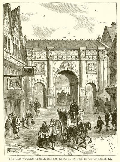 The Old Wooden Temple Bar (som reist i Reign of James I) av English School