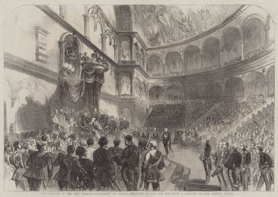 Åpningen av det nye italienske parlamentet av Victor Emmanuel den 18. Ult (gravering) av English School