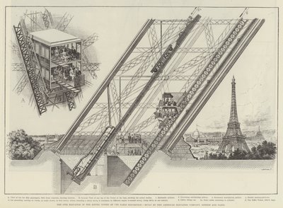 Otis-heisen i Eiffeltårnet på Paris-utstillingen, bygget av American Elevator Company, London og Paris (gravering) av English School