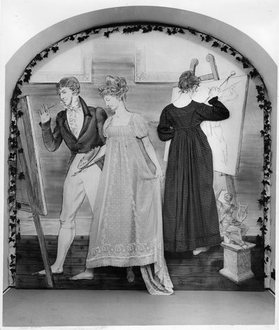 The Painting Lesson, en del av en visning på Fashion Museum med to dagskjoler, tidlig på 1800-tallet (bomull) av English School