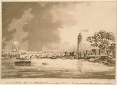 The Patent Shot Manufactury, med en fjern utsikt over Blackfriars Bridge og St Pauls, London av English School
