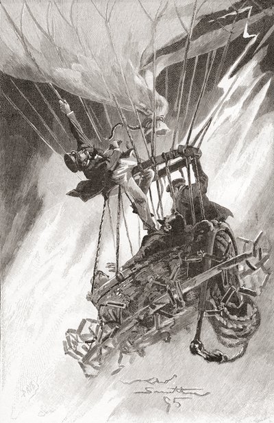 Farene med varmluftsballong. En ballong i vanskeligheter og i ferd med å krasje. Fra The Strand Magazine, utgitt 1896 (litho) av English School