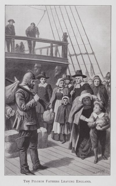 Pilgrimsfedrene forlater England (litho) av English School