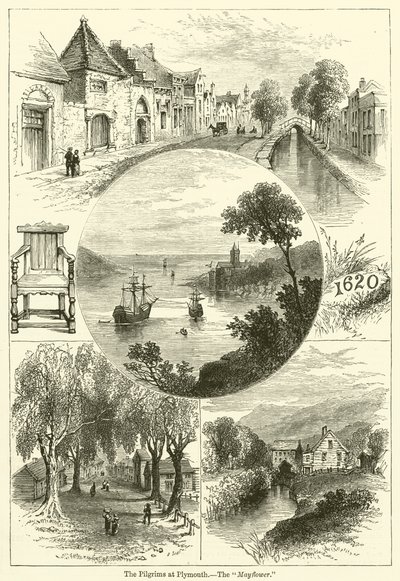 Pilegrimene i Plymouth, "Mayflower" (gravering) av English School