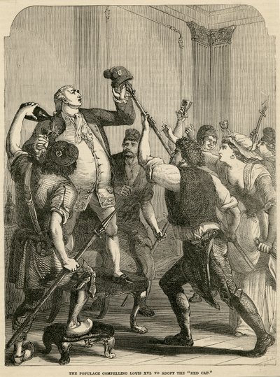 Befolkningen tvang Louis XVI til å adoptere den røde hetten, 1792 av English School