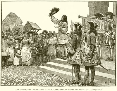 The Pretender utropt til konge av England etter ordre fra Ludvig XIV av English School