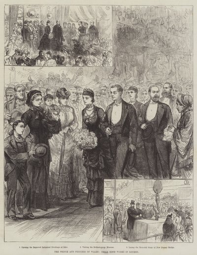 Prinsen og prinsessen av Wales, deres gode gjerninger i London (gravering) av English School
