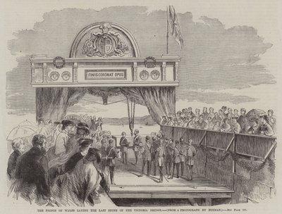 Prinsen av Wales legger den siste steinen på Victoria Bridge (gravering) av English School